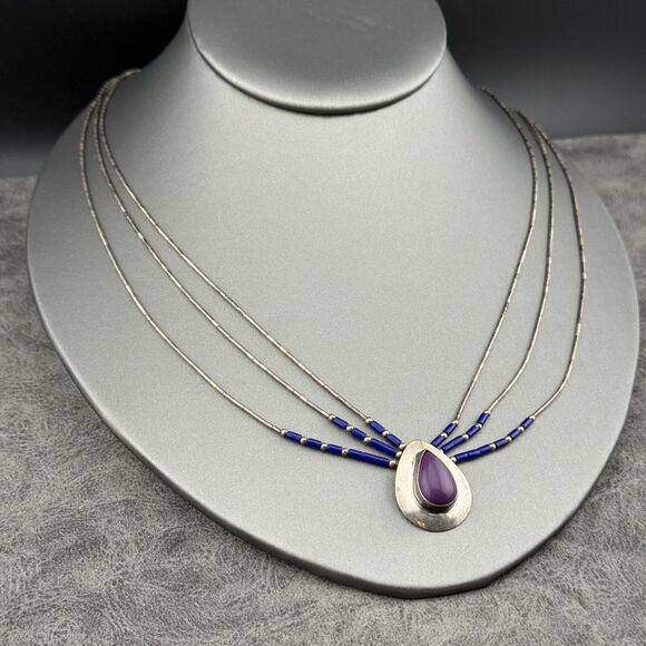 Native American Liquid Sterling Silver Purple Sugilite Blue Lapis Necklace VTG - Picture 8 of 16